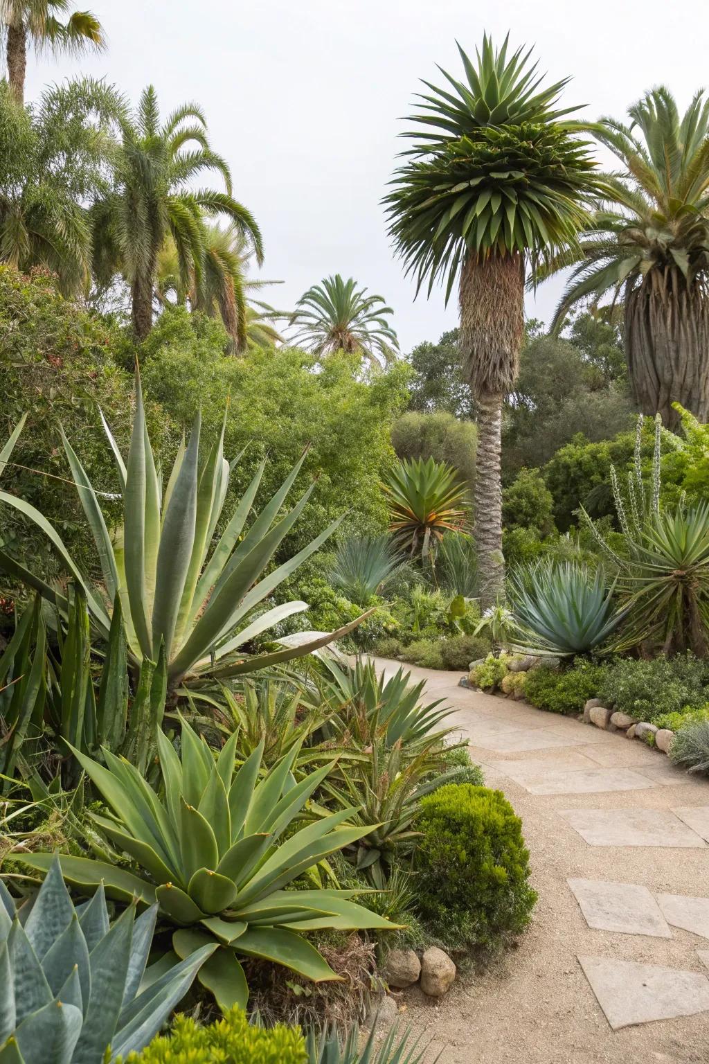 An exotic blend of succulents and tropical plants in a lush garden setting.