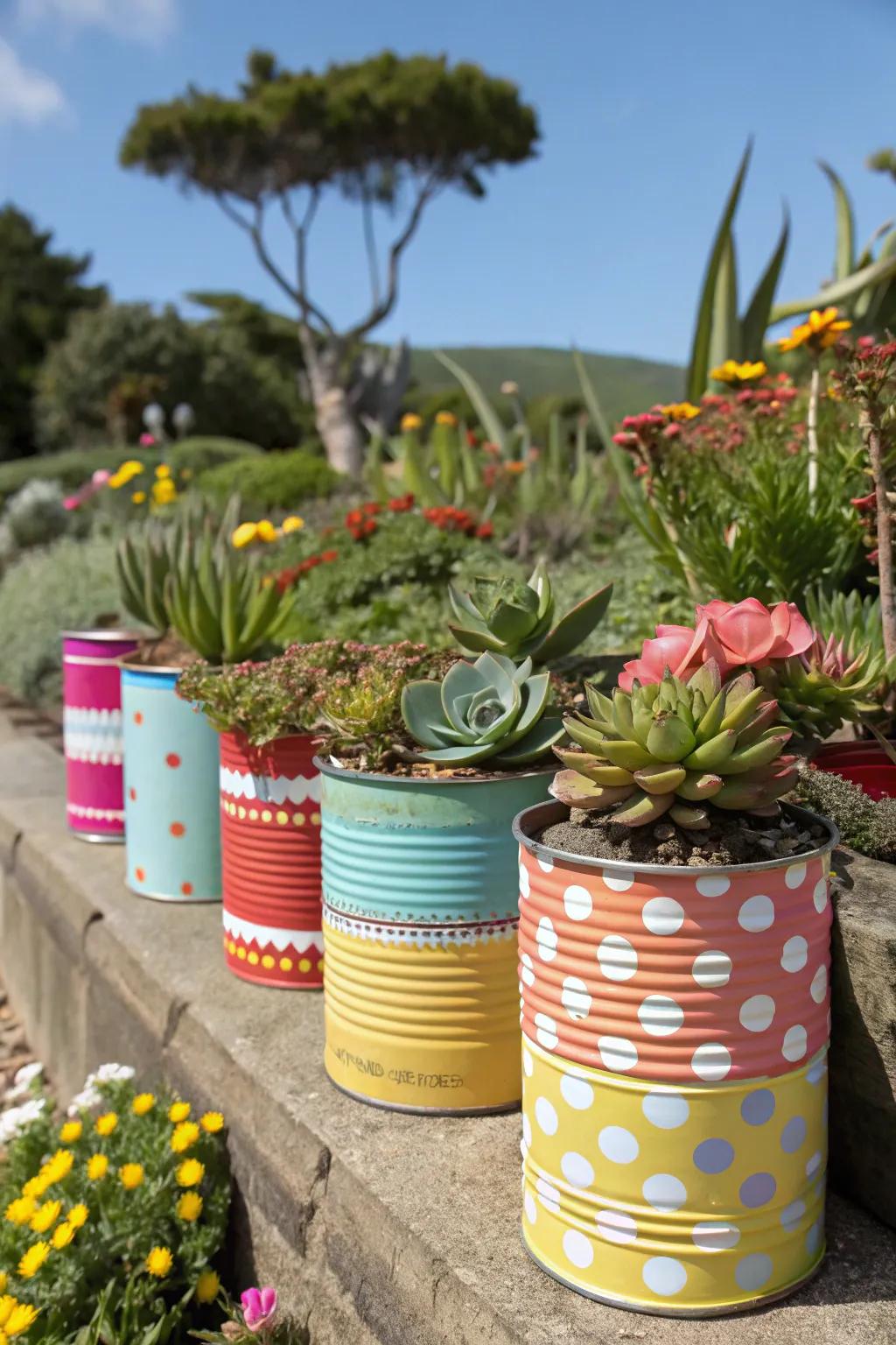 Upcycled tin cans offer a colorful twist to traditional planters.