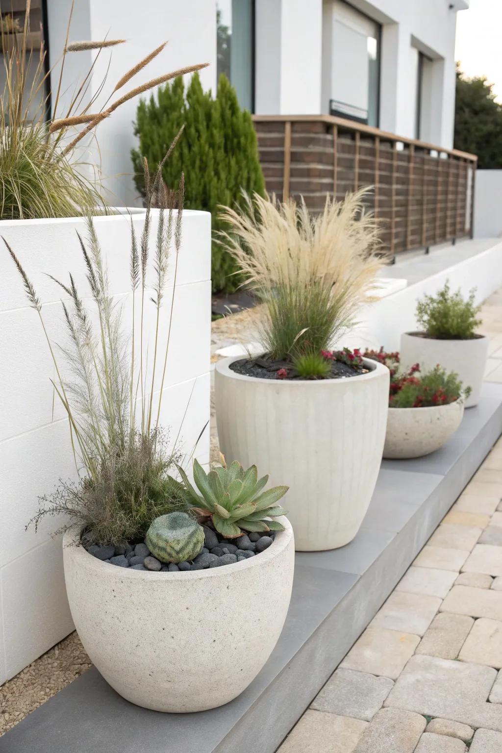 Single-shade planters exhibiting graminoids and fleshy greenery