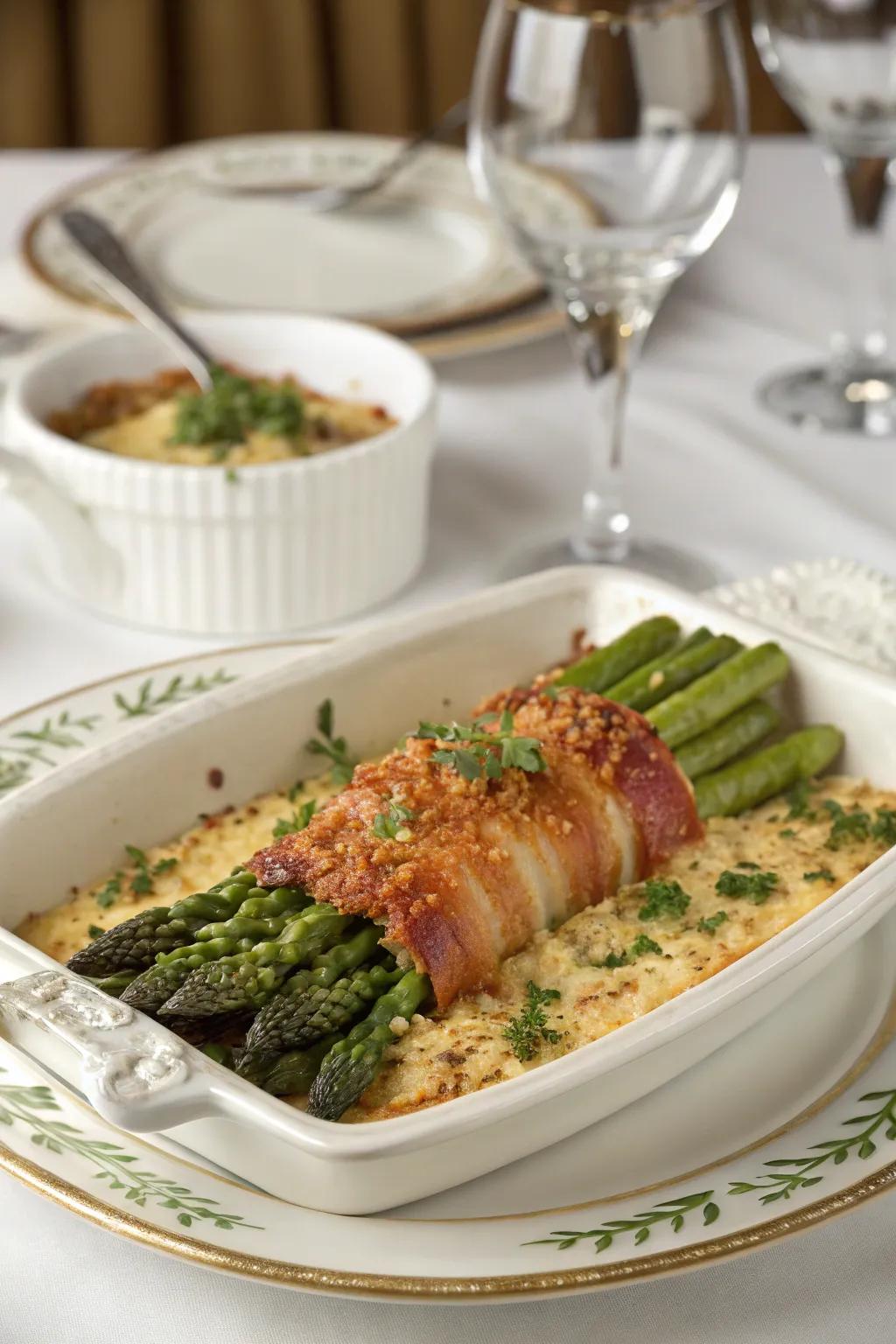 Cured pork-wrapped stalks oven-baked dish, a sophisticated delight.