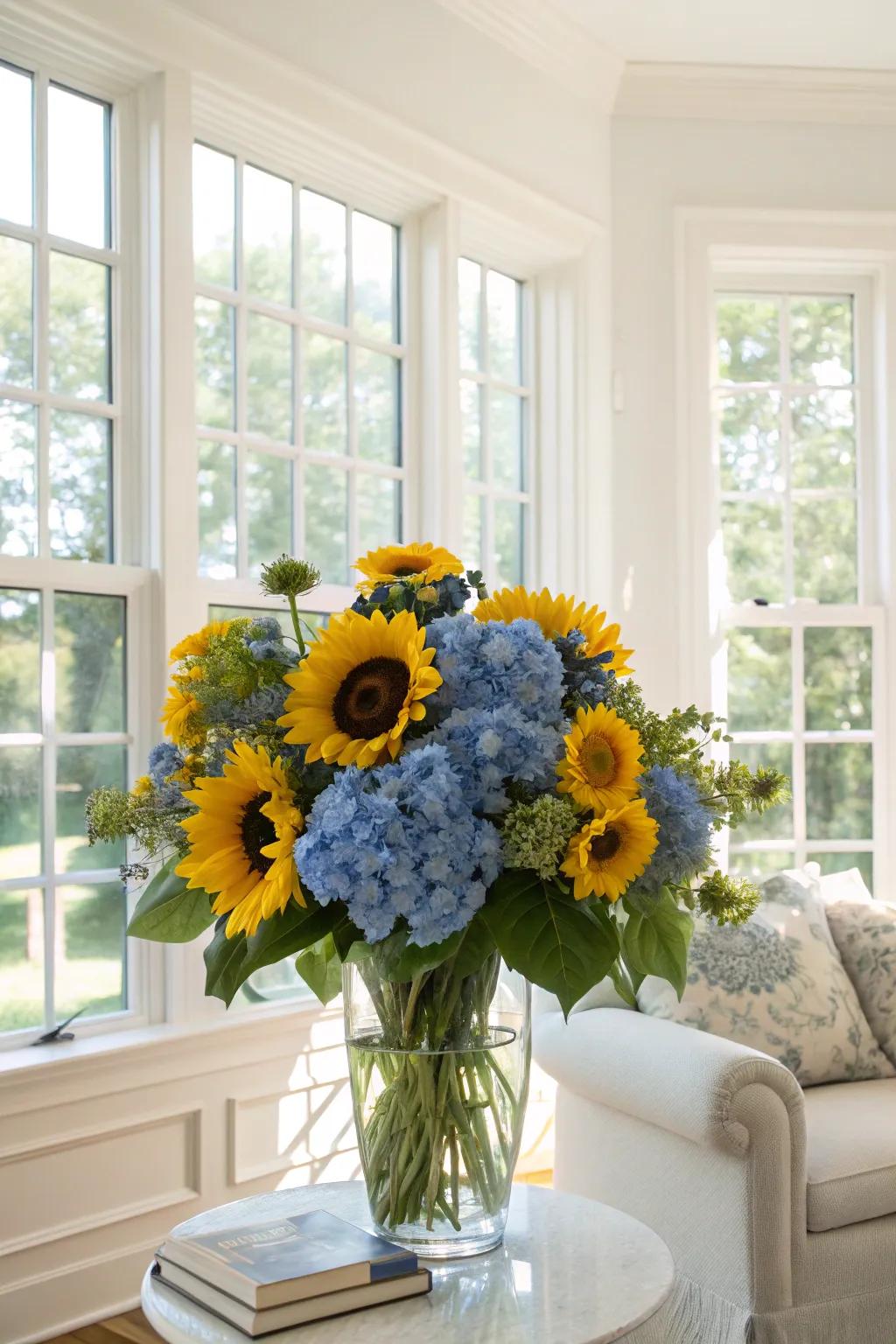 A stunning comparison: sunflowers with azure hydrangeas.