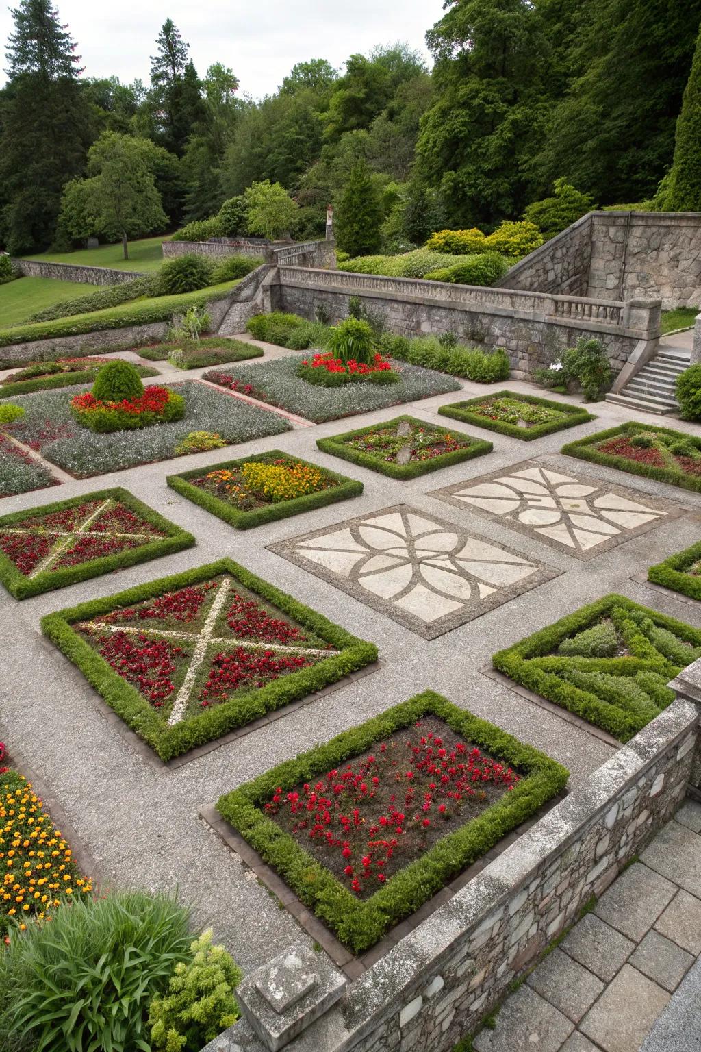 Geometric patterns add a modern twist to this sunken garden.