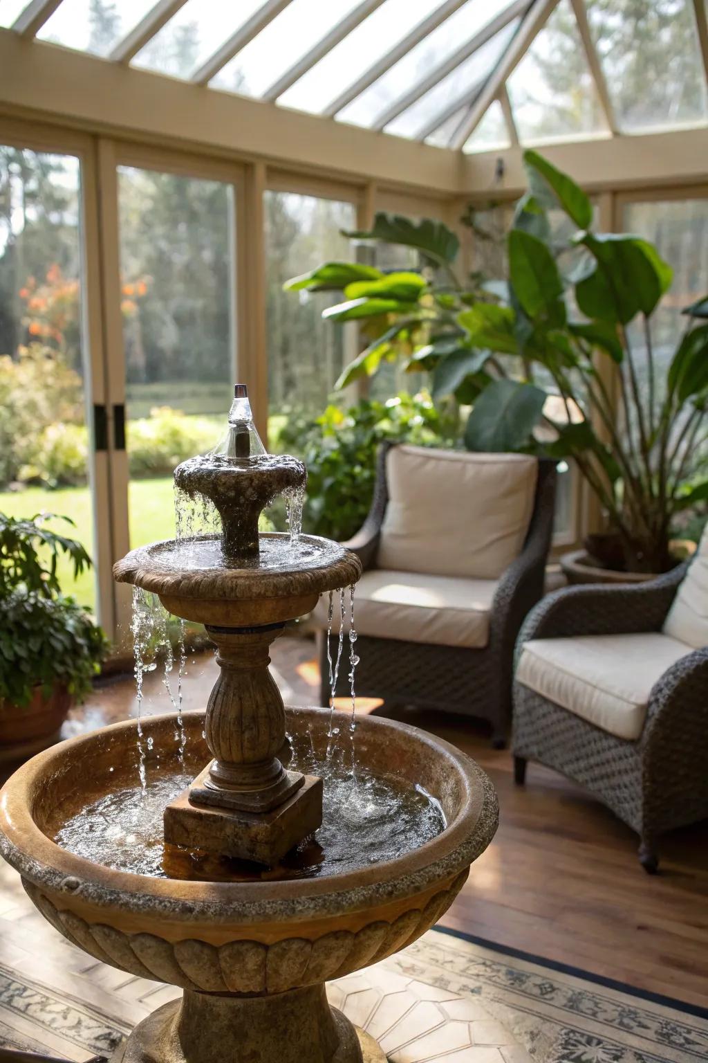 The peaceful ambiance of this sunroom is enhanced by the addition of a small fountain.