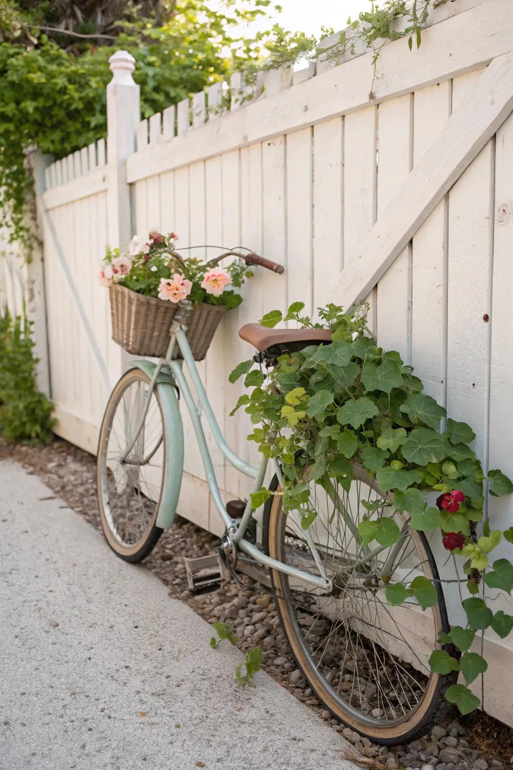 Transform vintage charm into a garden delight with this sweet potato vine bicycle planter.
