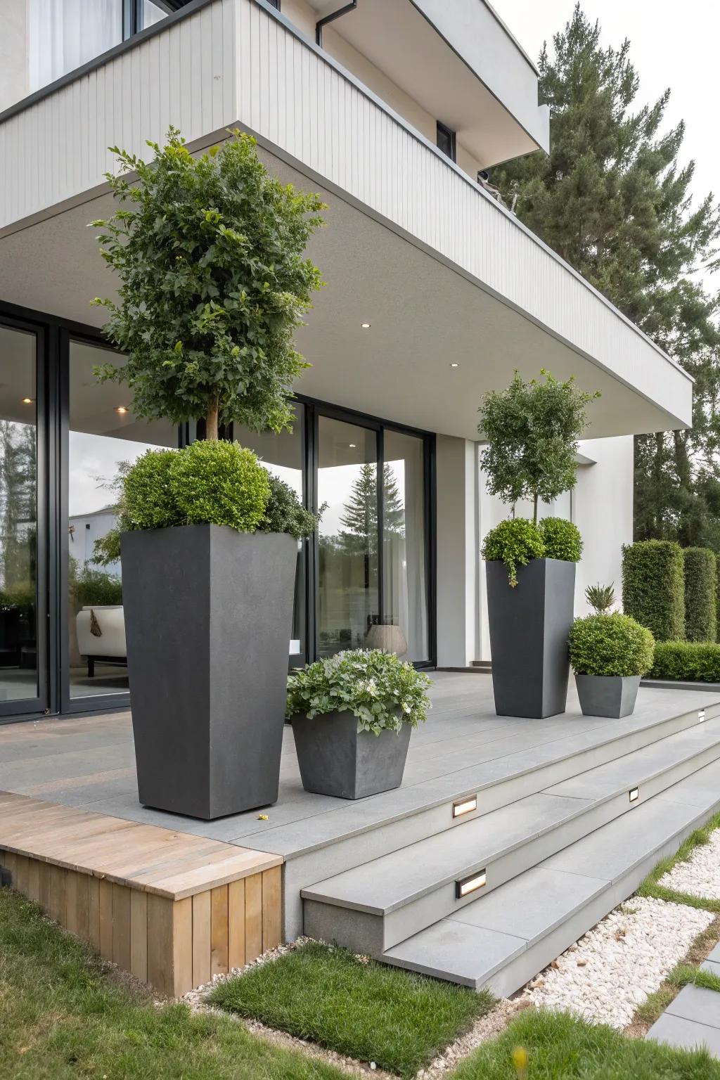 Geometric planters add architectural interest.