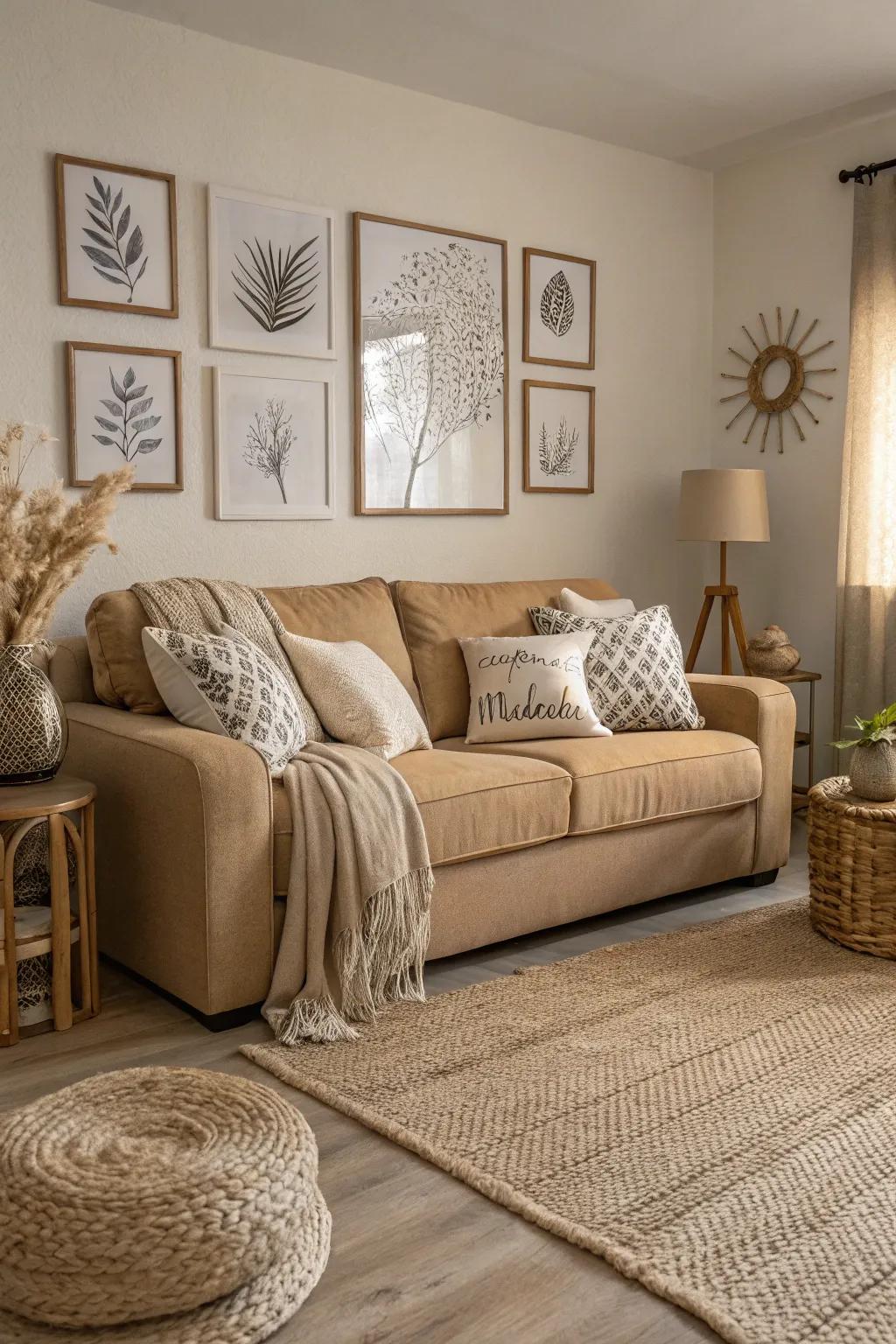 A monochromatic scheme enhances the elegance of a tan couch.