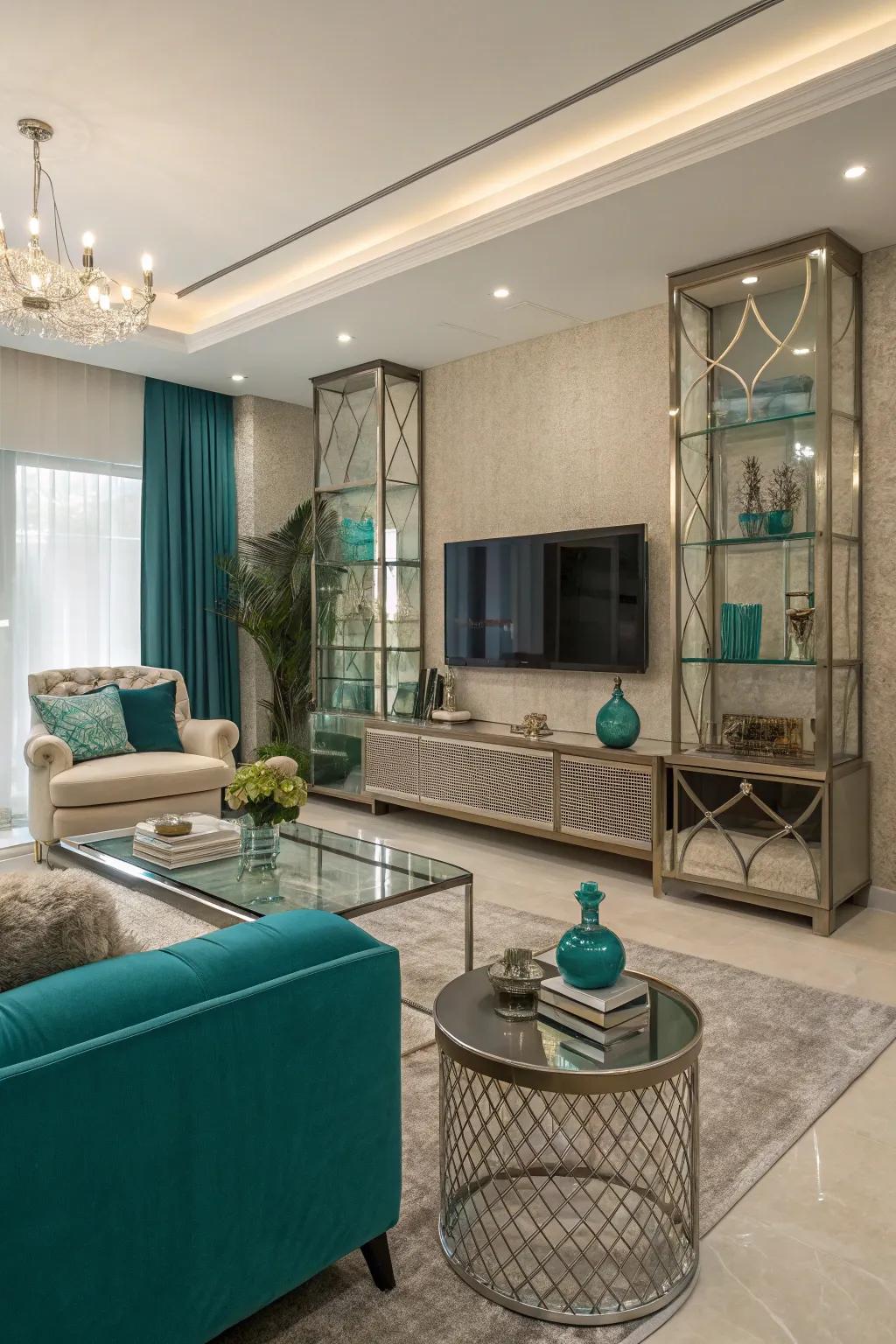 Mixed materials add sophistication to the teal and beige scheme.