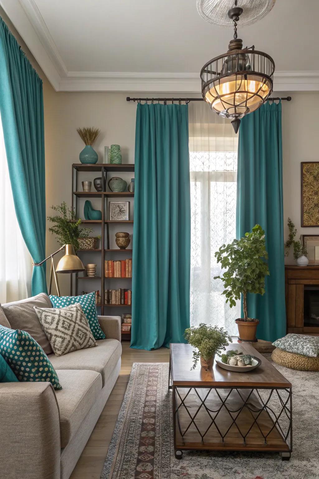 Teal curtains beautifully frame the windows, enhancing the room's ambiance.