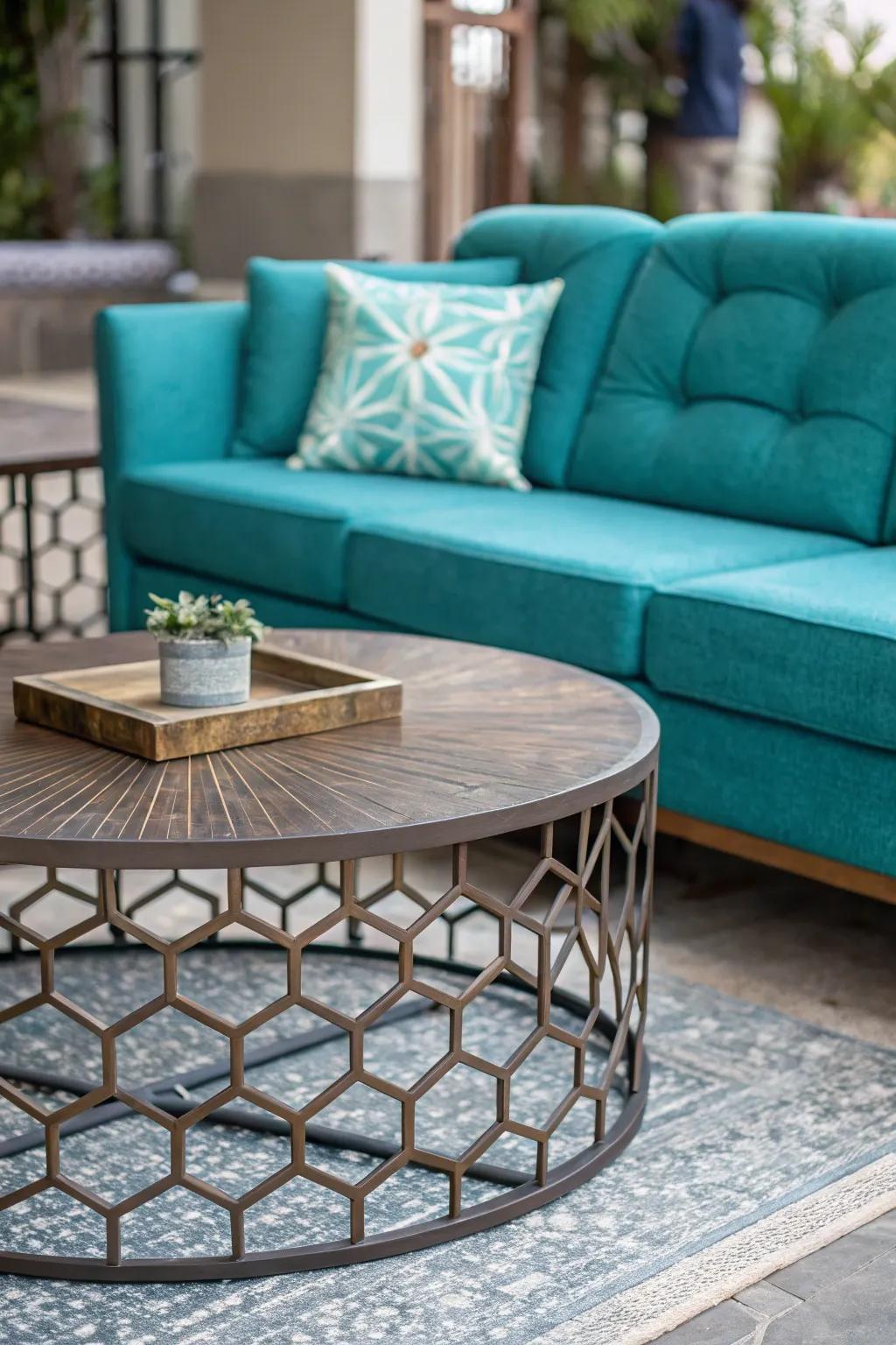 A statement coffee table can enhance the look of a teal sofa.