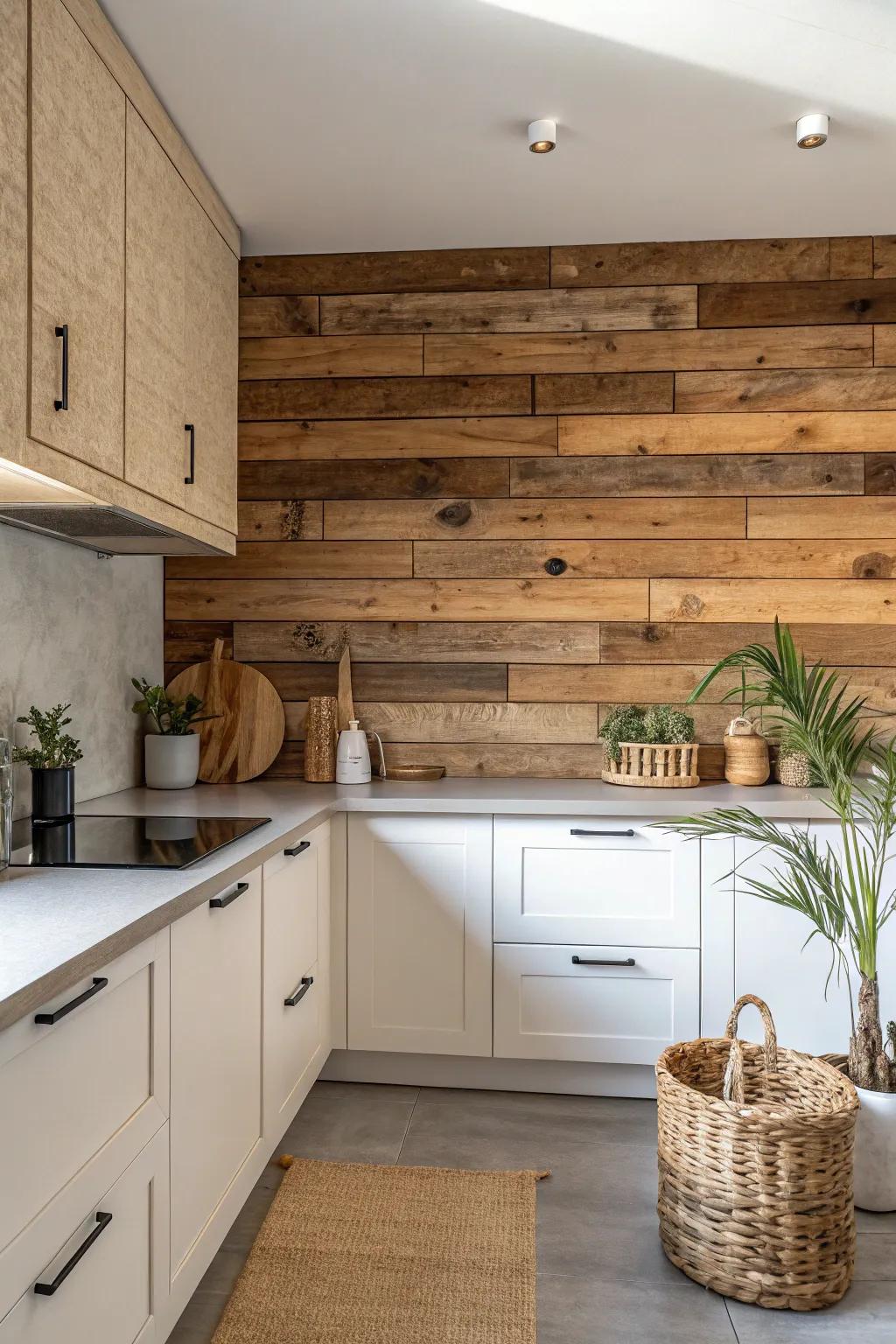 Bring warmth and rustic charm to your kitchen with a stunning reclaimed wood backsplash.