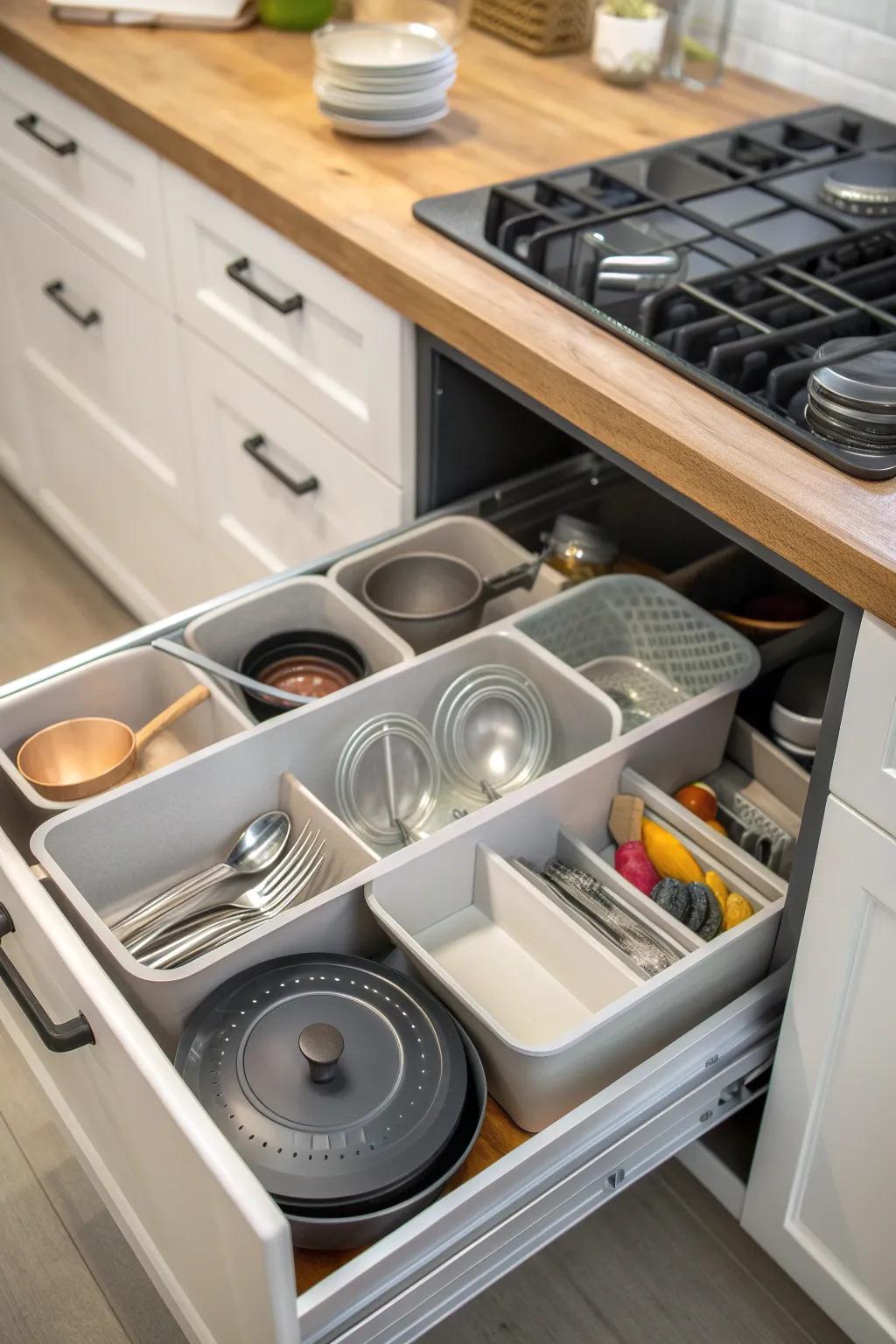 Well-organized drawers for effective kitchen storage.
