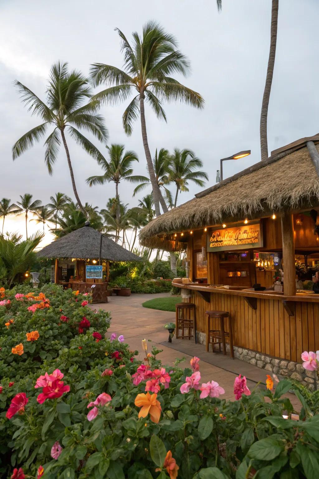 Tropical plants enhance the lush feel of your tiki bar.