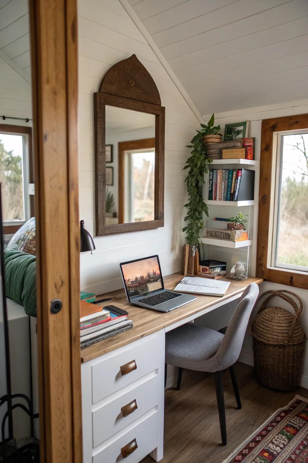 Mirrors can visually enlarge and brighten a confined space.