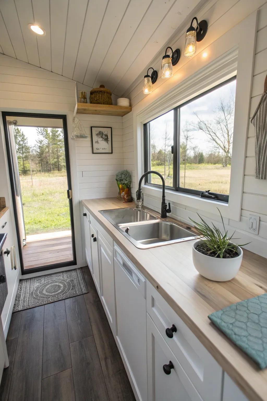 A compact single bowl sink offering simplicity in a tiny house kitchen.