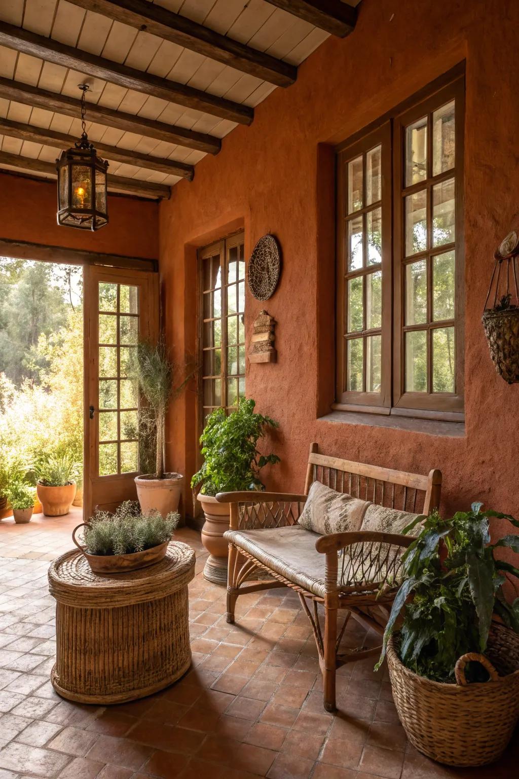Terracotta walls infusing the sunroom with rich, earthly warmth.