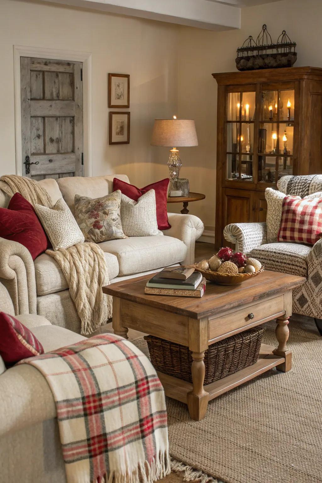 A cozy, layered aesthetic encourages leisure in this traditional family room.
