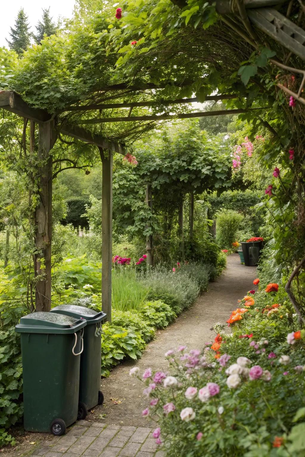 A garden trellis elegantly hiding trash bins amidst greenery.