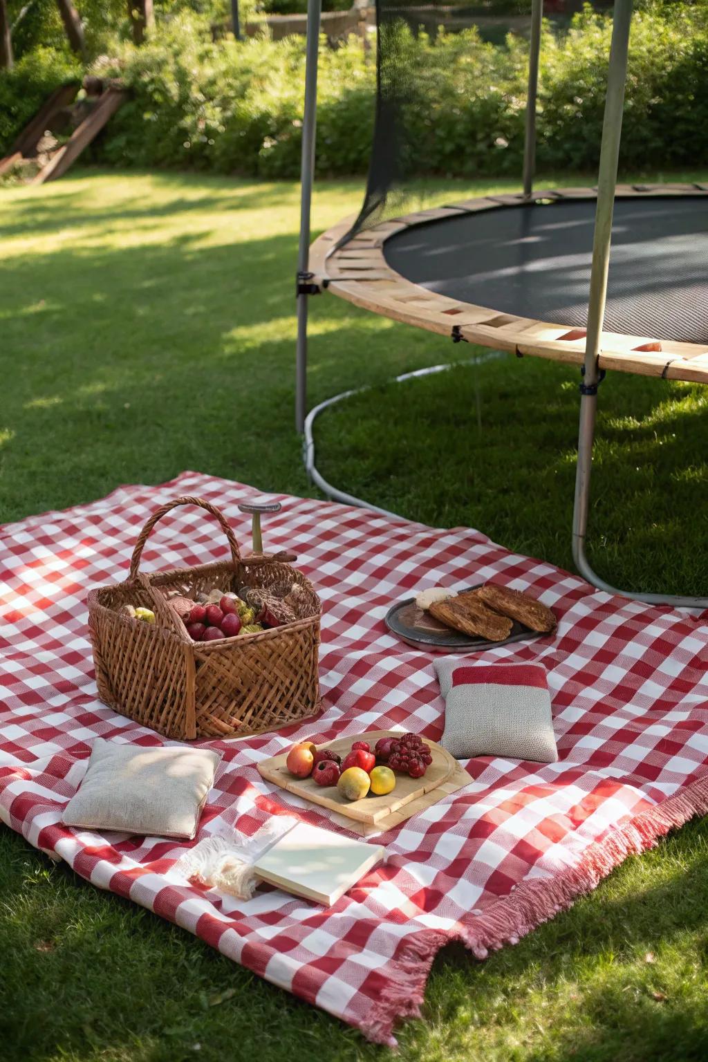 Elevate your outdoor lunch experience with a cozy picnic spot under the trampoline.