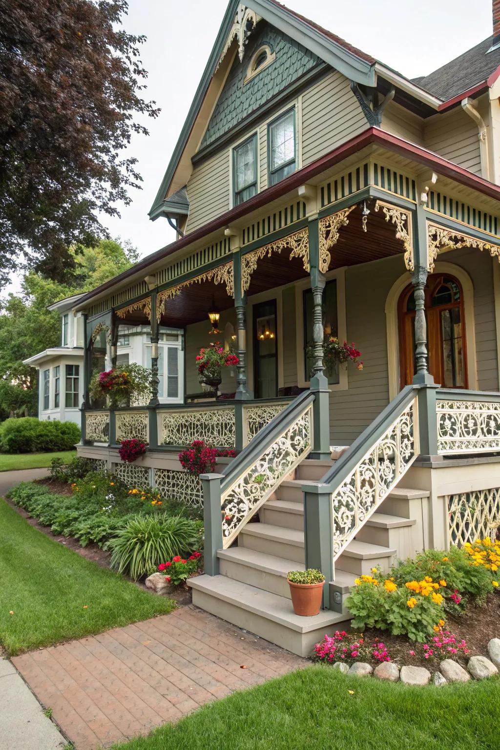 A home featuring a uniquely designed porch for added curb appeal.