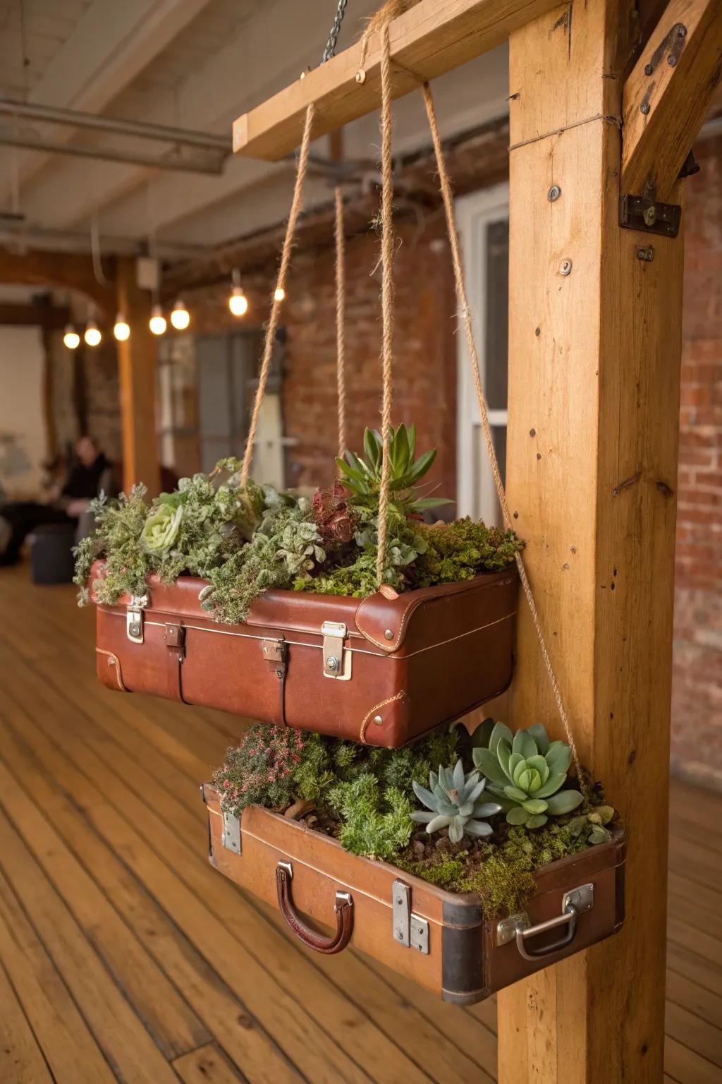 Vintage suitcases add character as hanging succulent planters.