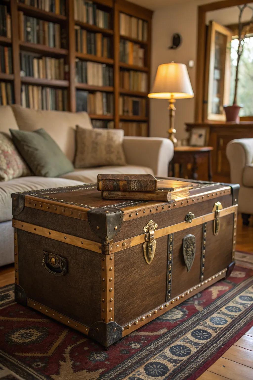 A vintage trunk serves as a character-rich coffee table with hidden storage.