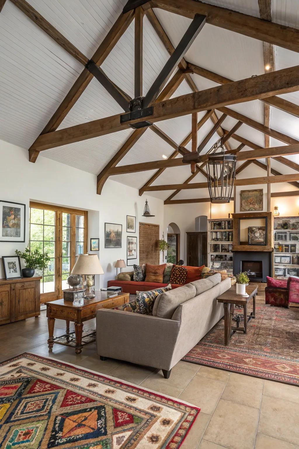 A varied selection of materials crafts a distinctive vaulted ceiling design.