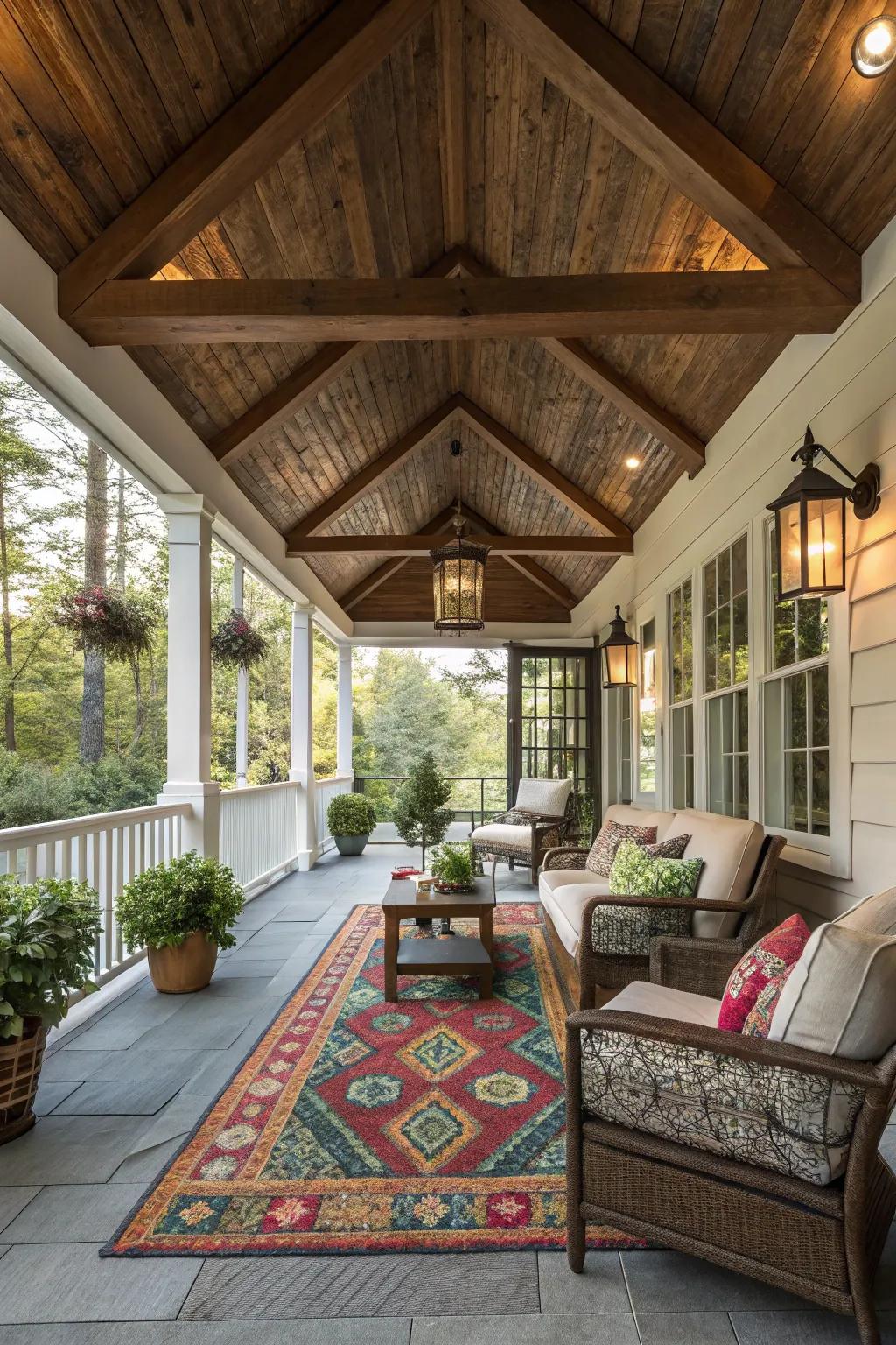 Add warmth with a decorative rug on your porch.
