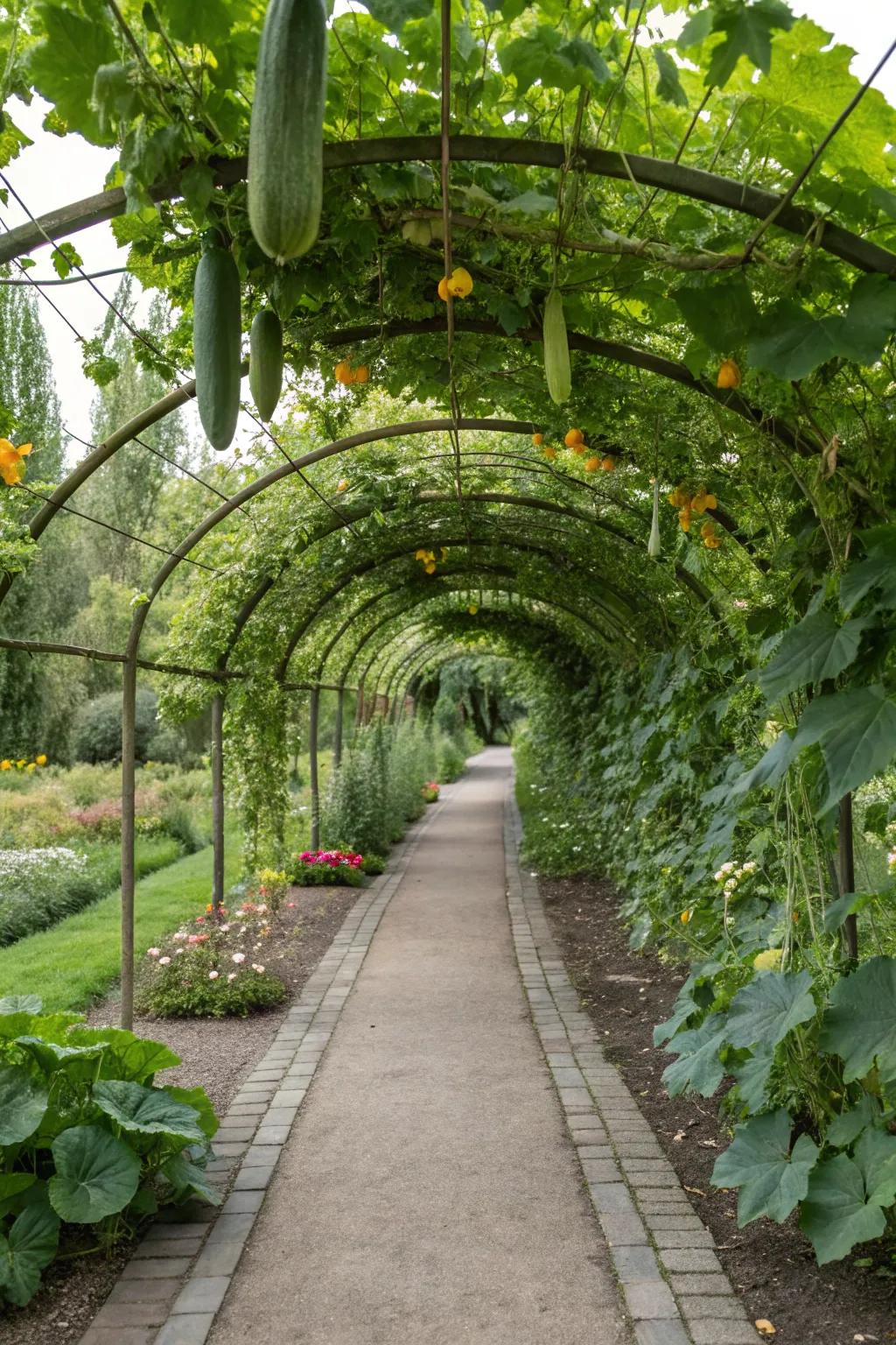 Overhead arches create a magical garden walkway.