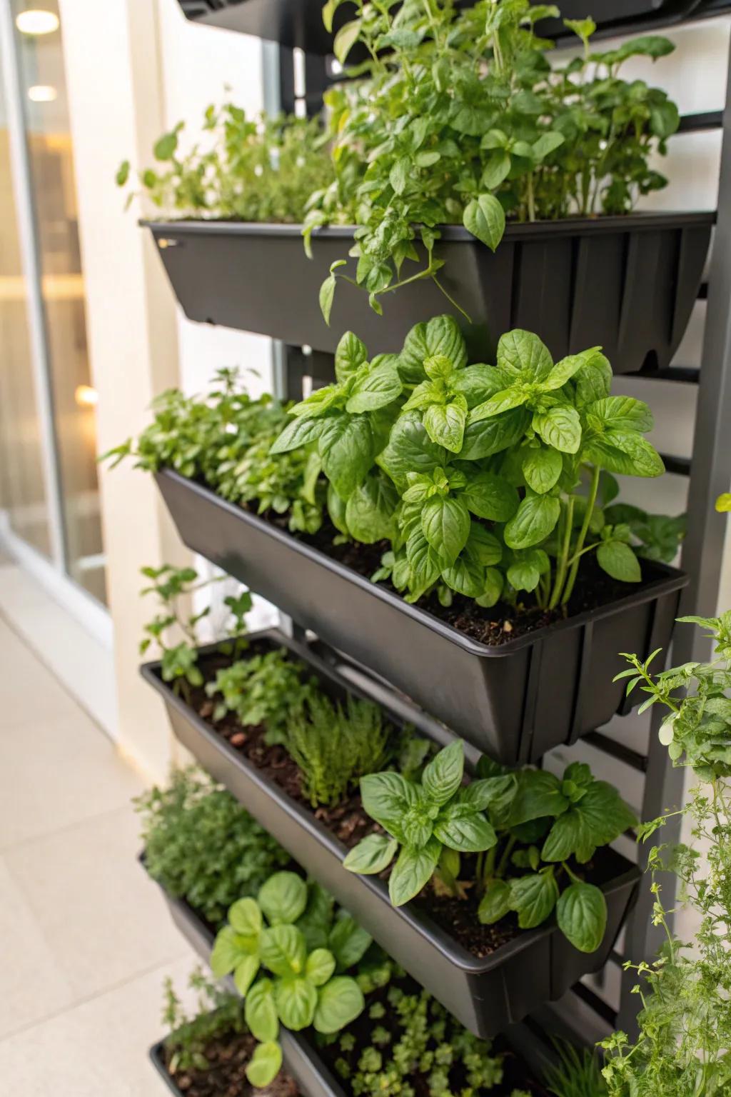 A vertical garden showcases practical herbs, such as basil and mint.