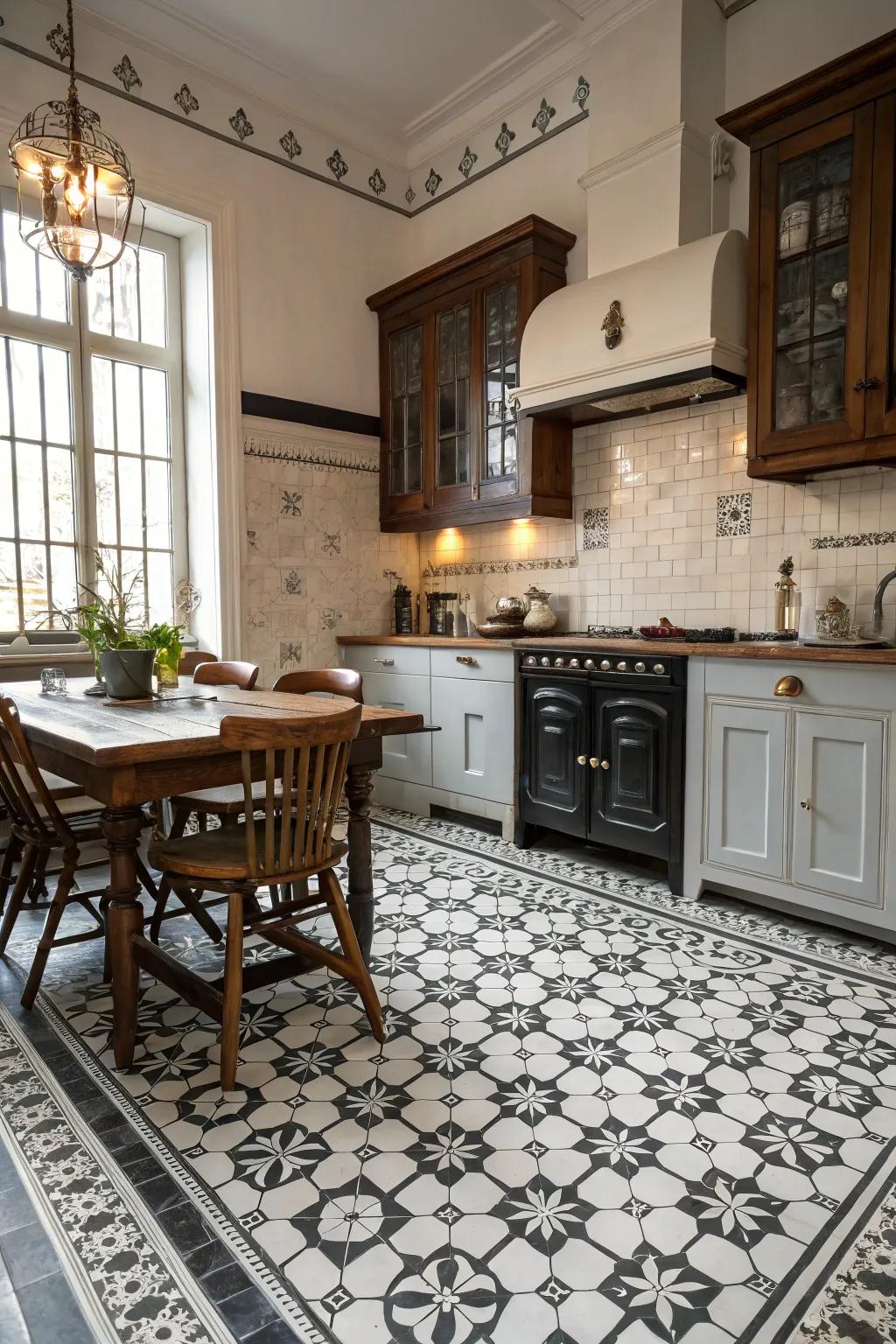 Patterned floor tiles add a striking and genuine accent to Victorian kitchens.