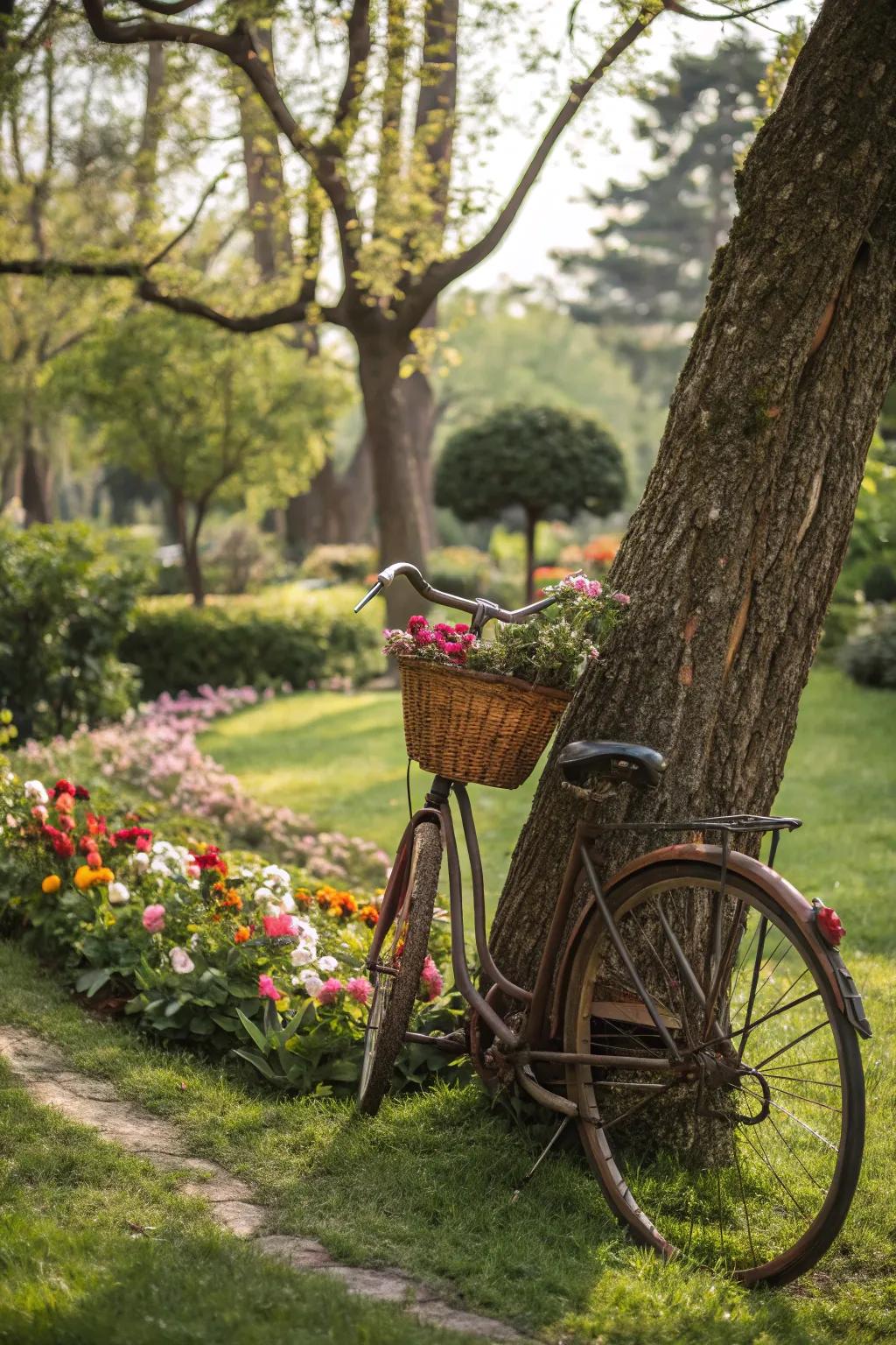 Bicycles bring a playful charm to garden decor.