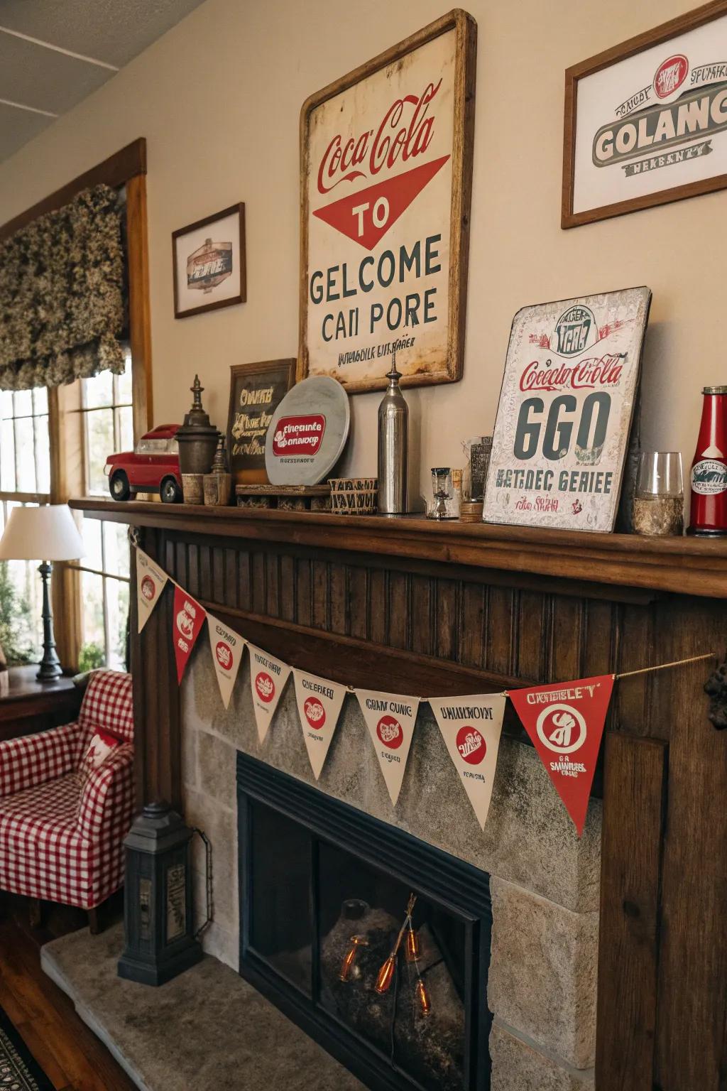 Vintage signs bring a playful nostalgia to this inviting mantel.