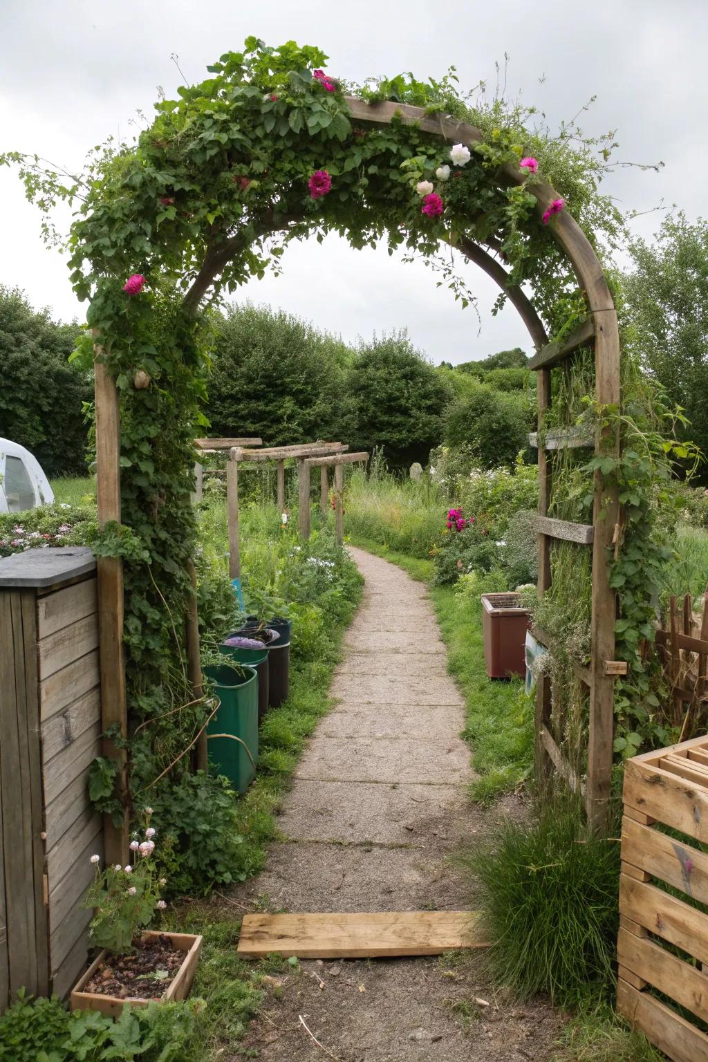 Eco-friendly arches underscore resourcefulness and sustainability in garden design.