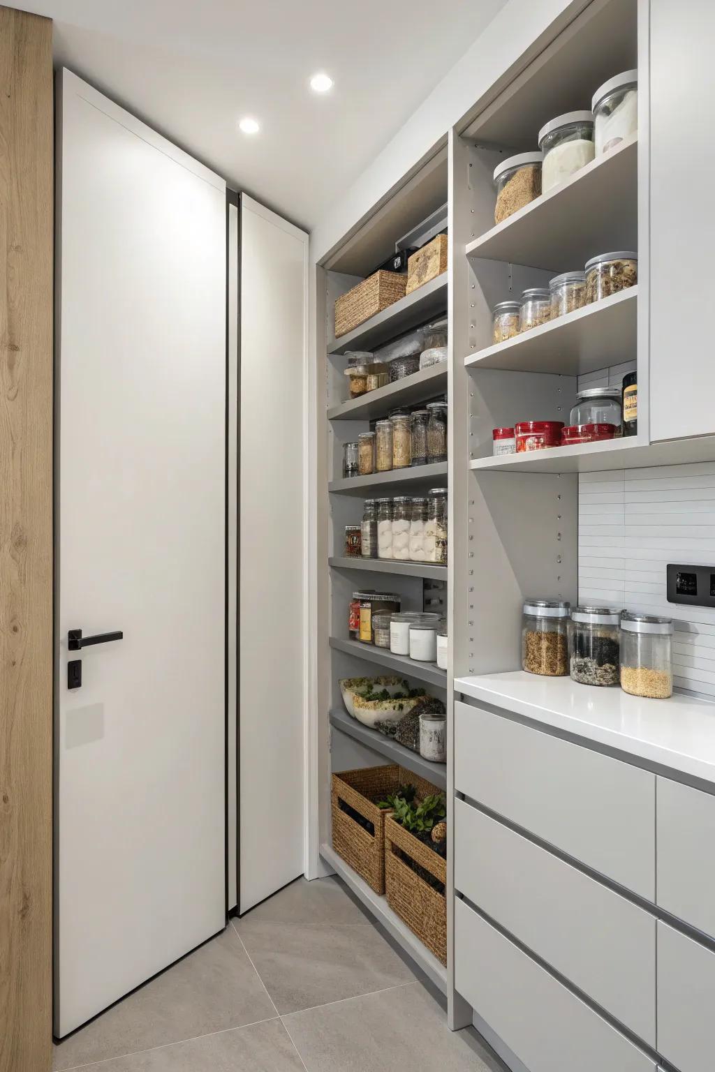 Elegant minimalist pantry design for a calming kitchen feel.
