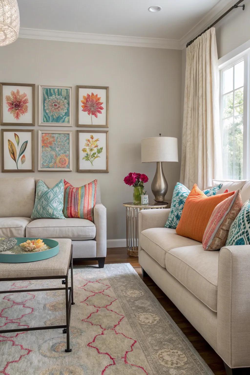 A neutral living room gains personality from pops of color without being overwhelming.