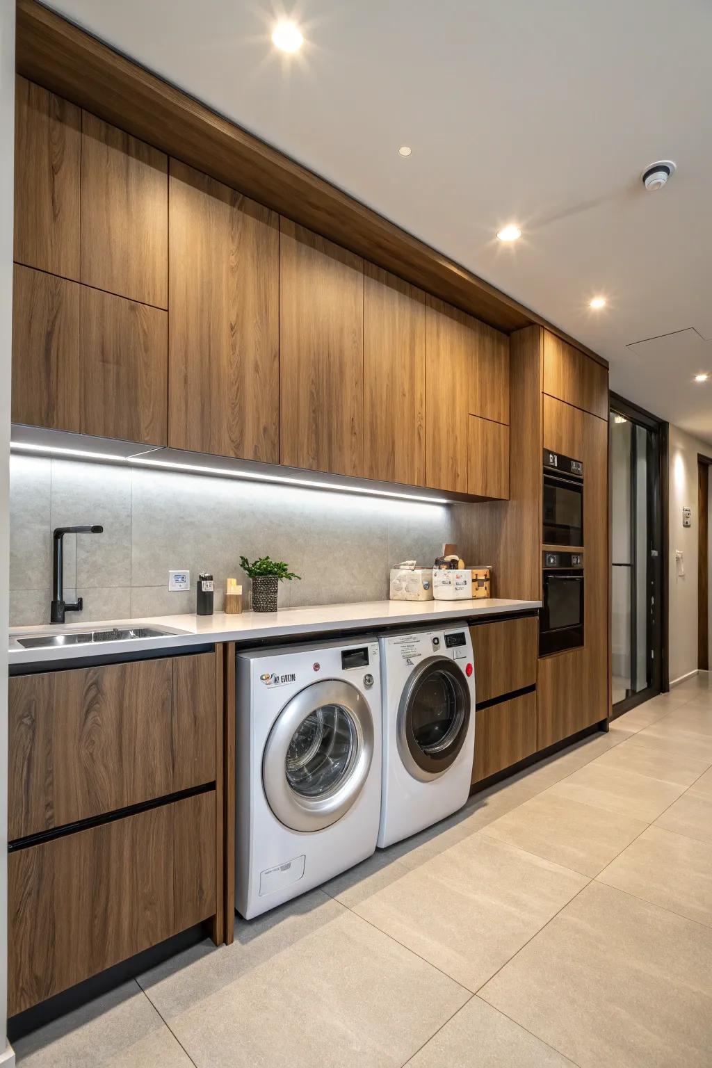 Washer and dryer blend seamlessly with kitchen cabinetry for a uniform look.