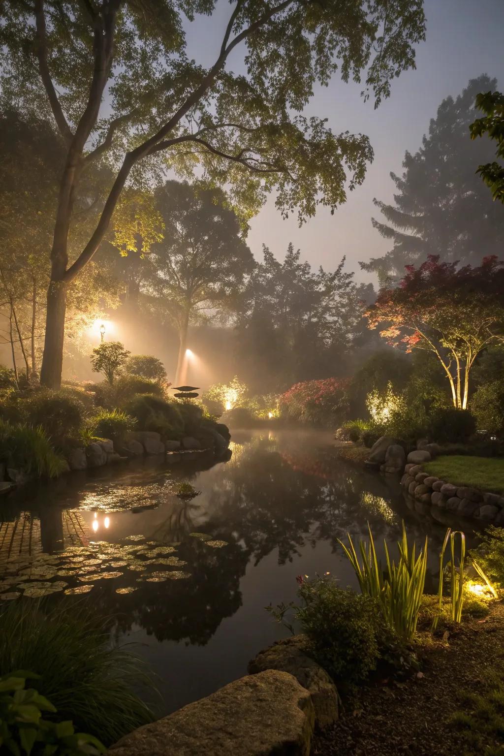 Garden lighting develops a magical nighttime atmosphere.