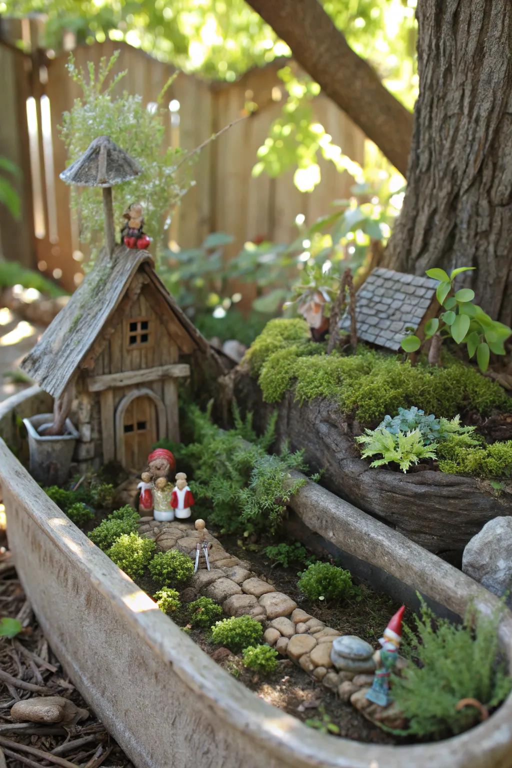 Step into a miniature world of magic with this enchanting rustic fairy garden.