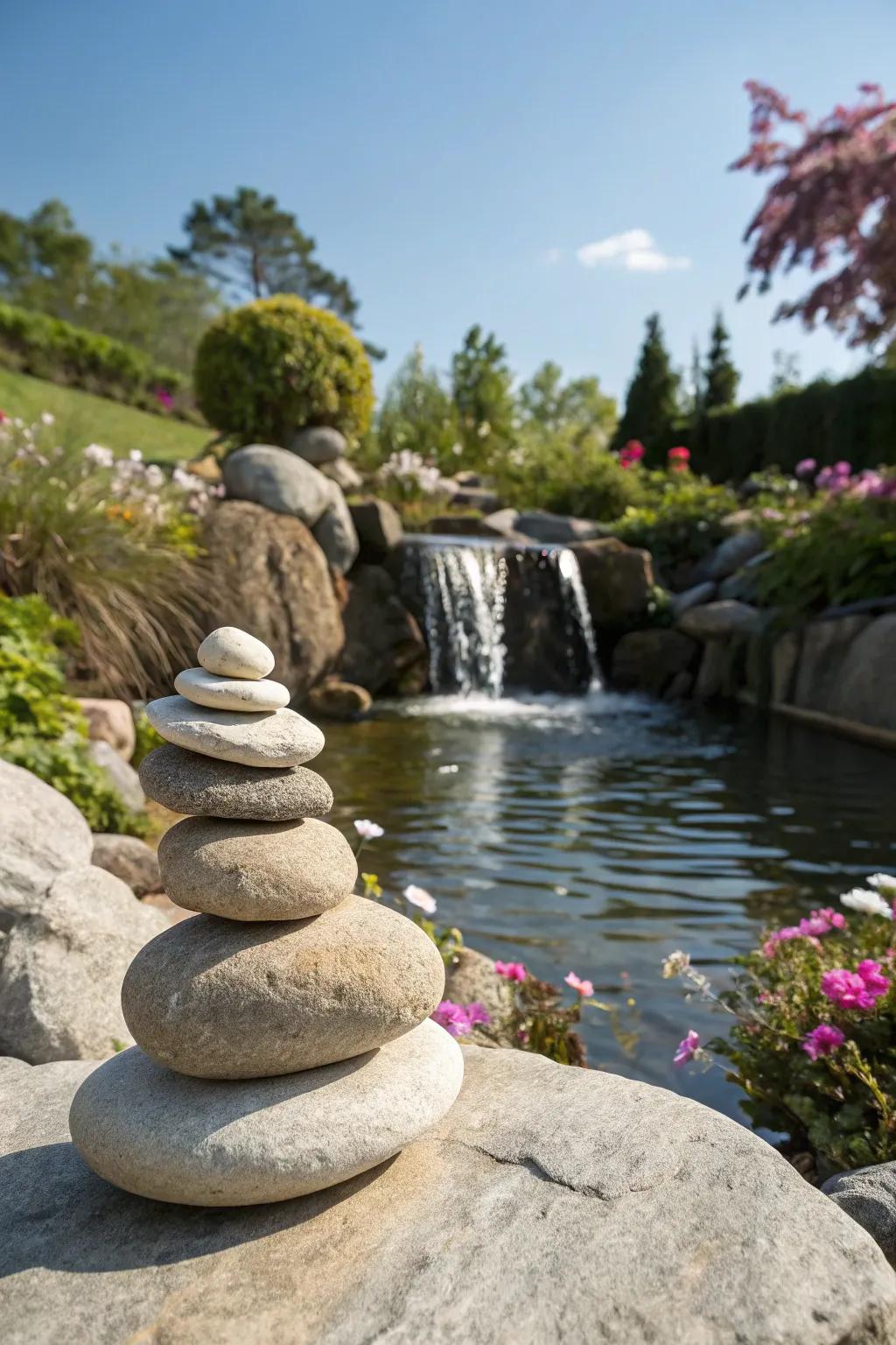 A Zen-inspired garden cascade showcasing meticulously stacked stones.