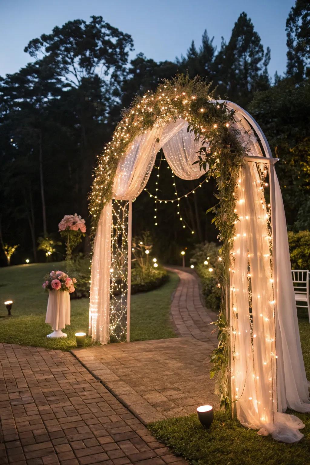 A magical arch using shimmer lights, ideal for twilight ceremonies.