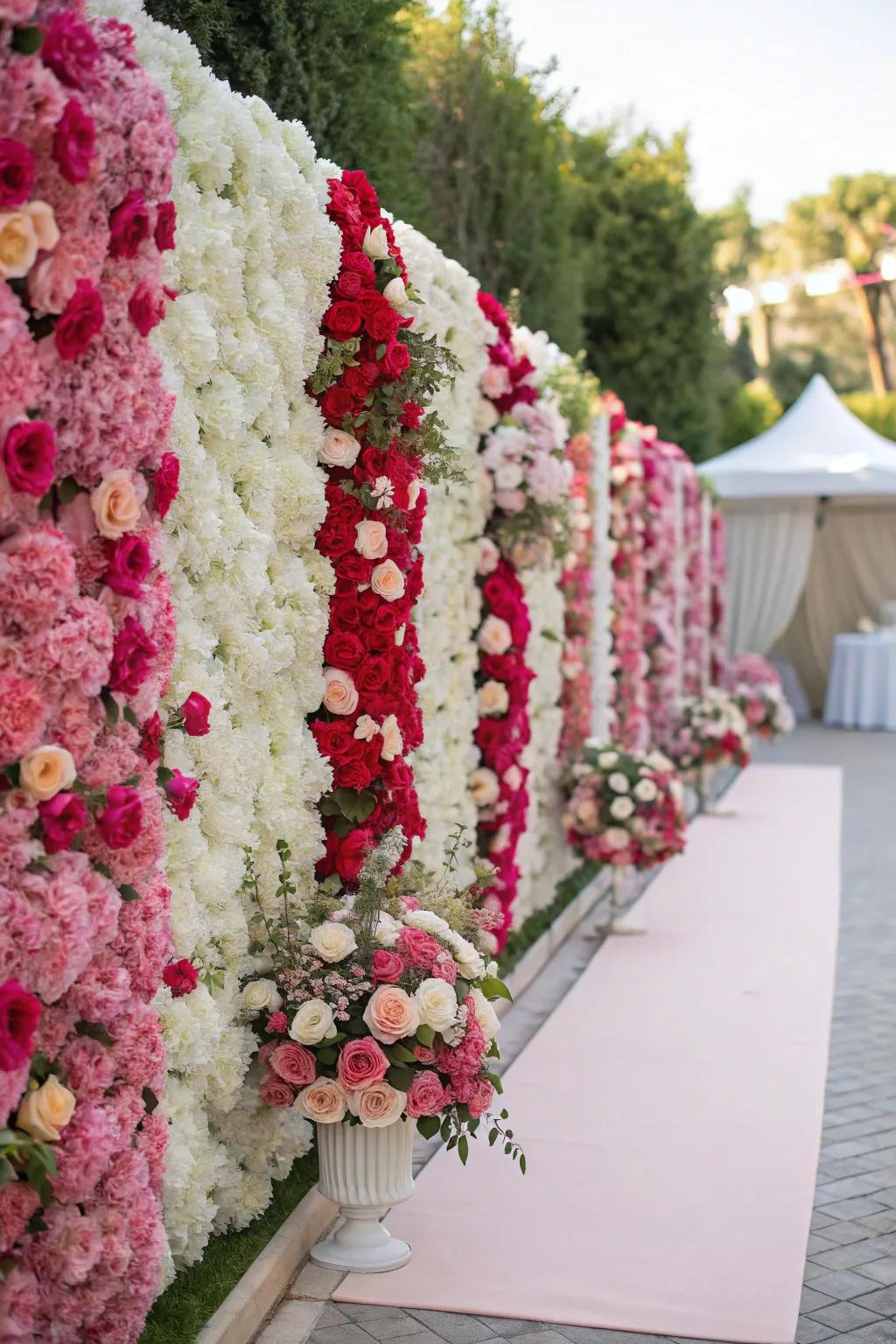 Vibrant bloom wall displaying roses and hydrangeas