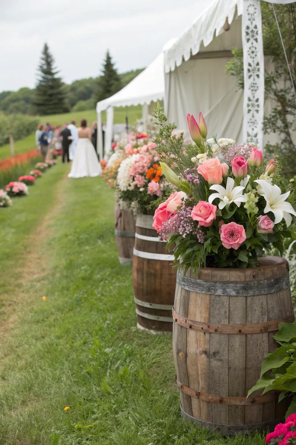 Rural pots filled to overflowing with floral decor, infusing the wedding locale with charm and comfort.