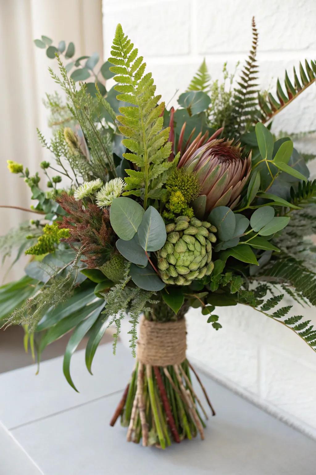 An elegant greenery arrangement with varied textures.