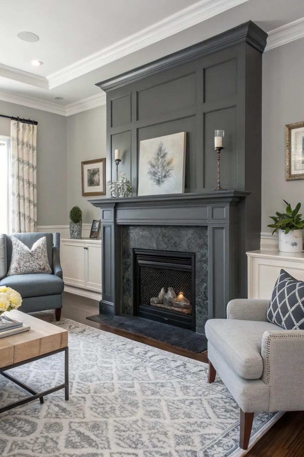 A charcoal gray fireplace adds a sleek touch to this modern living area.