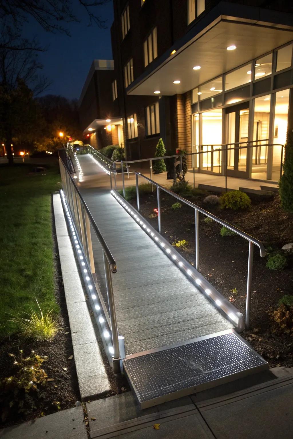 A step lit with glowing diode lights for enhanced well-being and aesthetics.