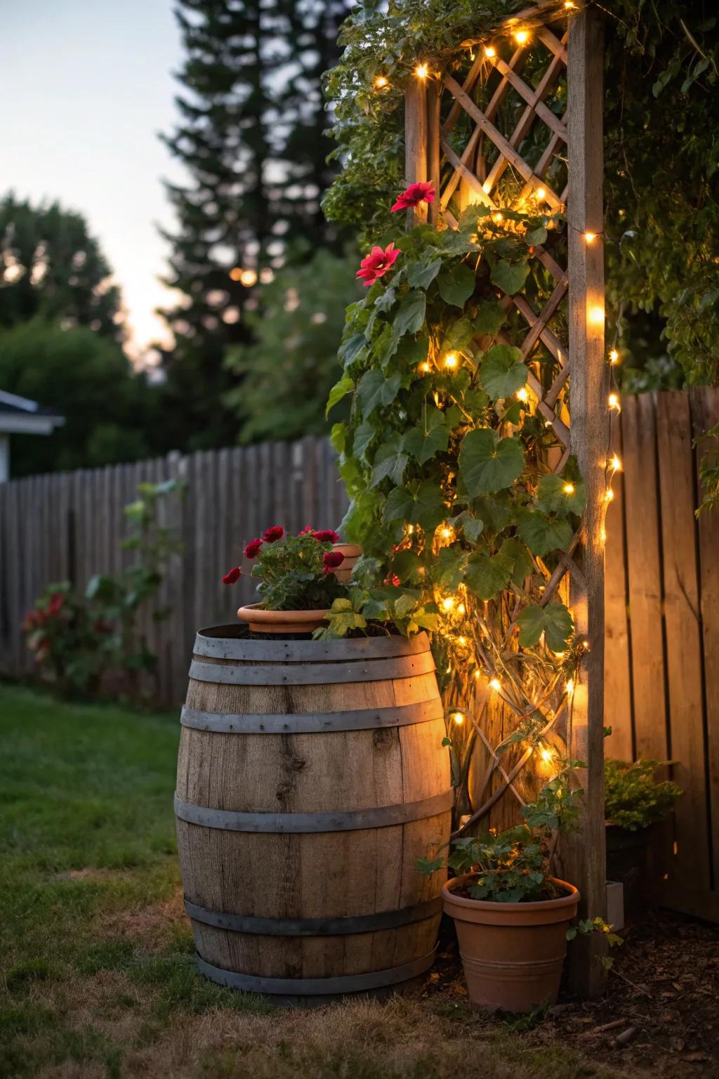 A trellis structure with dazzling lights crafting an illuminated garden element.