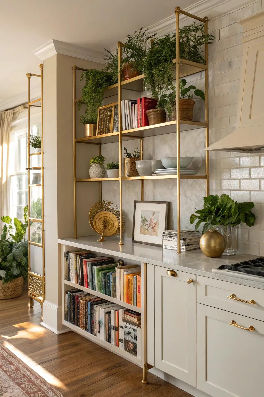 Gold trimmed shelves offer a unique and luxurious display option.
