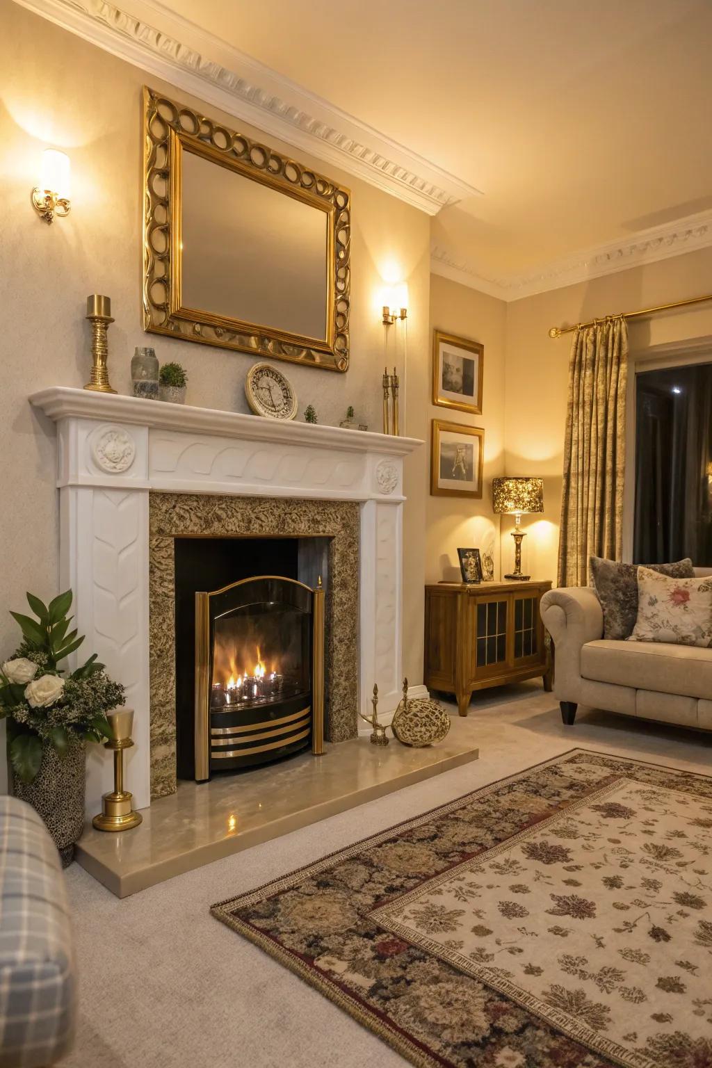 A gold-accented fireplace serves as a warm, sophisticated focal point.