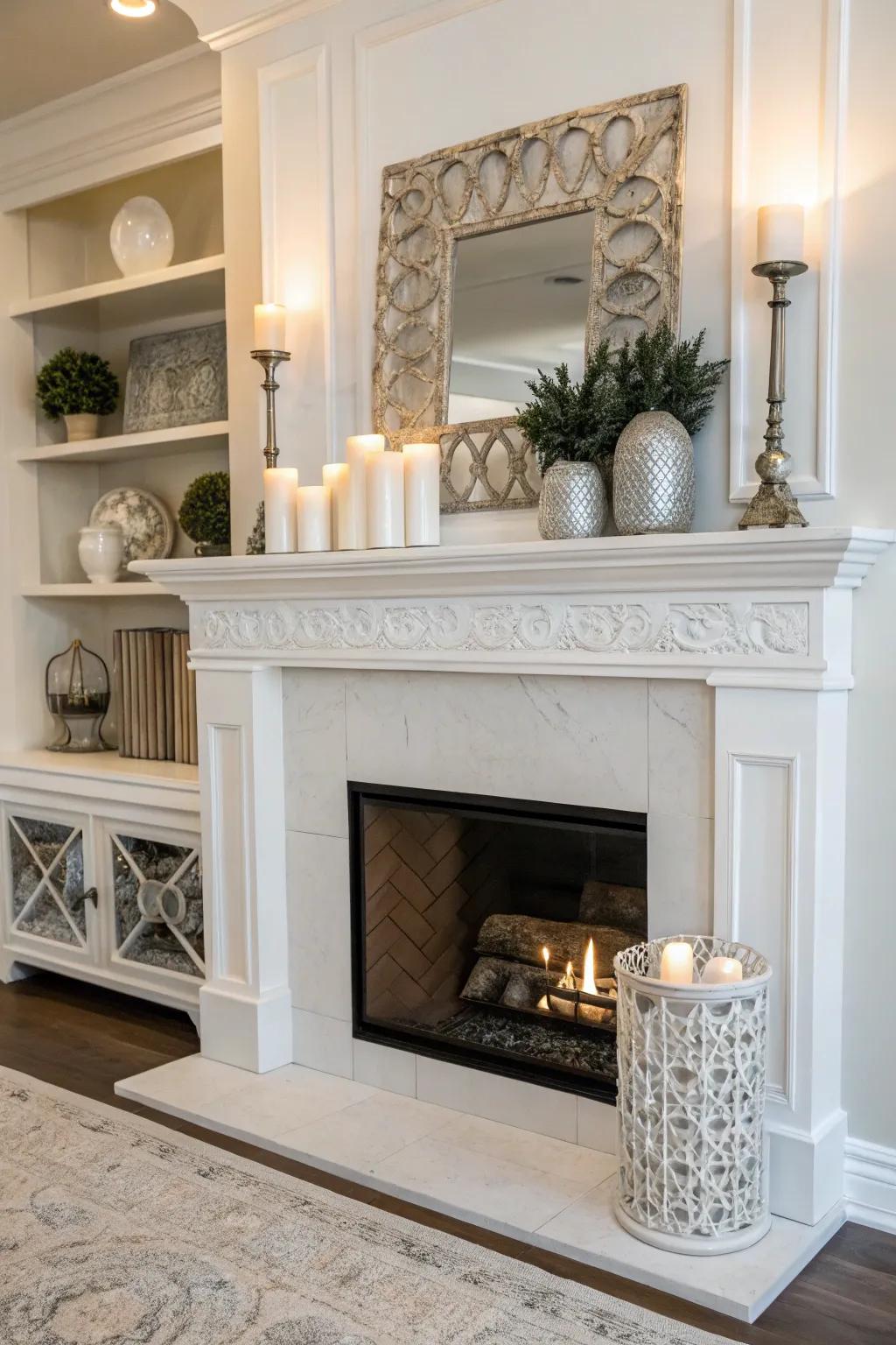Balanced decor brings a sense of harmony to a white firebox.