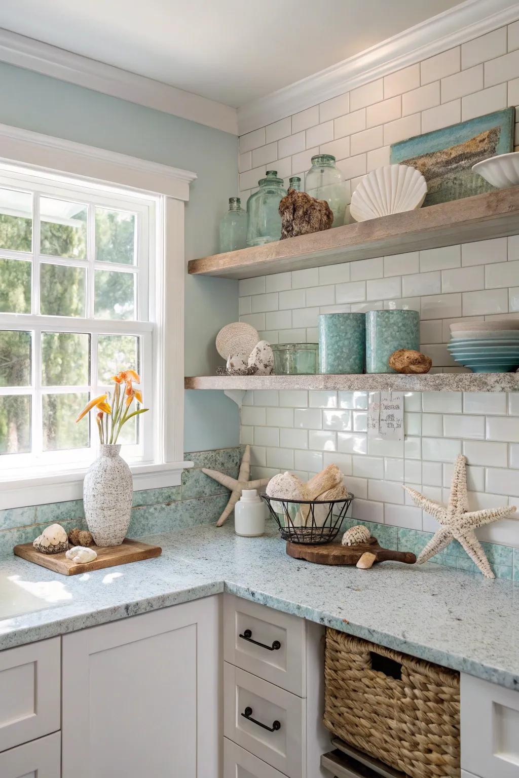 Azure accents paired with frosty quartz evoke a calming coastal vibe.